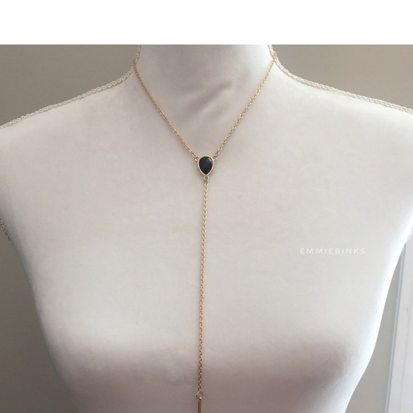 Zara Black Faceted Gem with Golden Bar Lariat Necklace Very Fine Gold tone Bar. - Picture 6 of 6